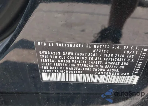 2012 Volkswagen Jetta 2.0L Tdi z USA, uszkodzony, nr VIN 3VWLL7AJ6CM061498